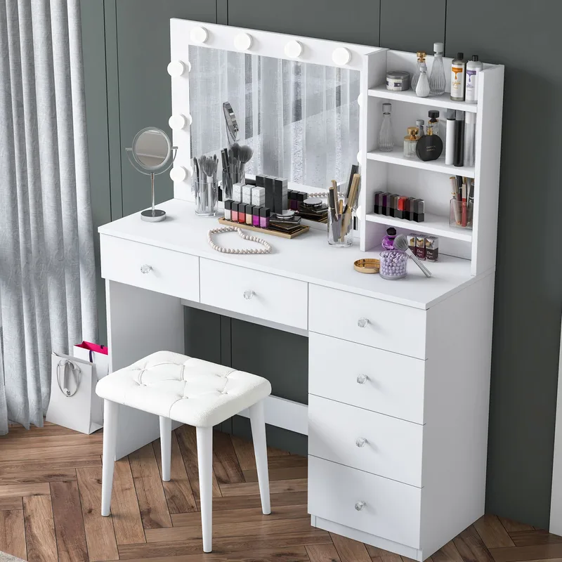Make-up-bord Wallxpert Isla Shelf med puf (120 x 141,8 x 40 cm) Hvid - Hvid - Møbler - Borde - Sminkebord & konsolbord