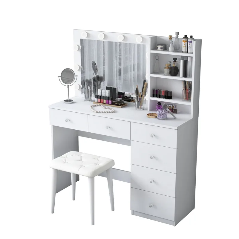 Make-up-bord Wallxpert Isla Shelf med puf (120 x 141,8 x 40 cm) Hvid, Hvid