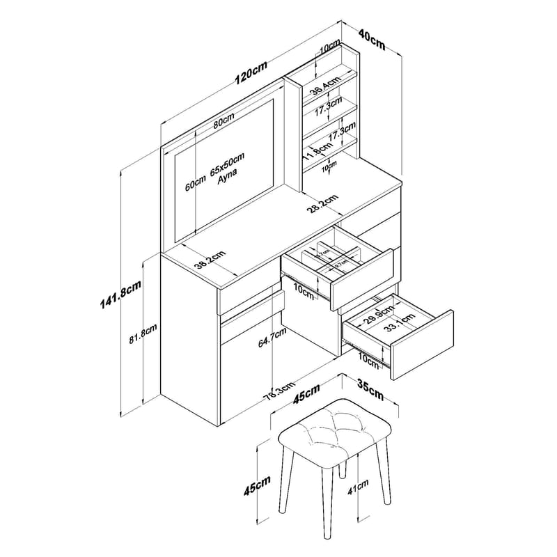 Make-up-bord Wallxpert Isla Shelf med puf (120 x 141,8 x 40 cm) Hvid - Hvid - Møbler - Borde - Sminkebord & konsolbord