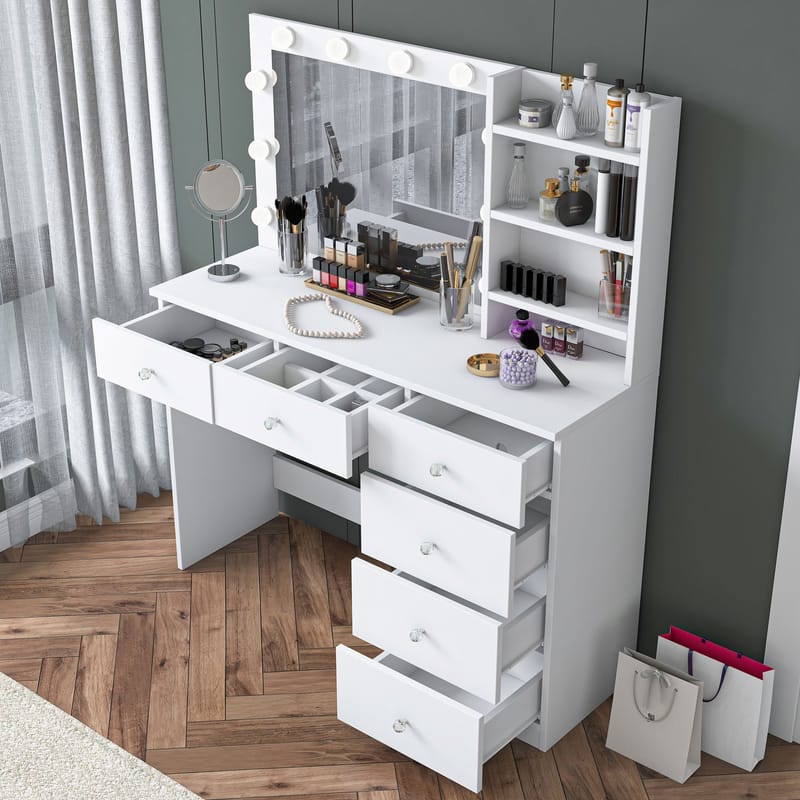 Make-up-bord Wallxpert Juna BJ127 (110 x 141,8 x 40 cm) Hvid - Hvid - Møbler - Borde - Sminkebord & konsolbord