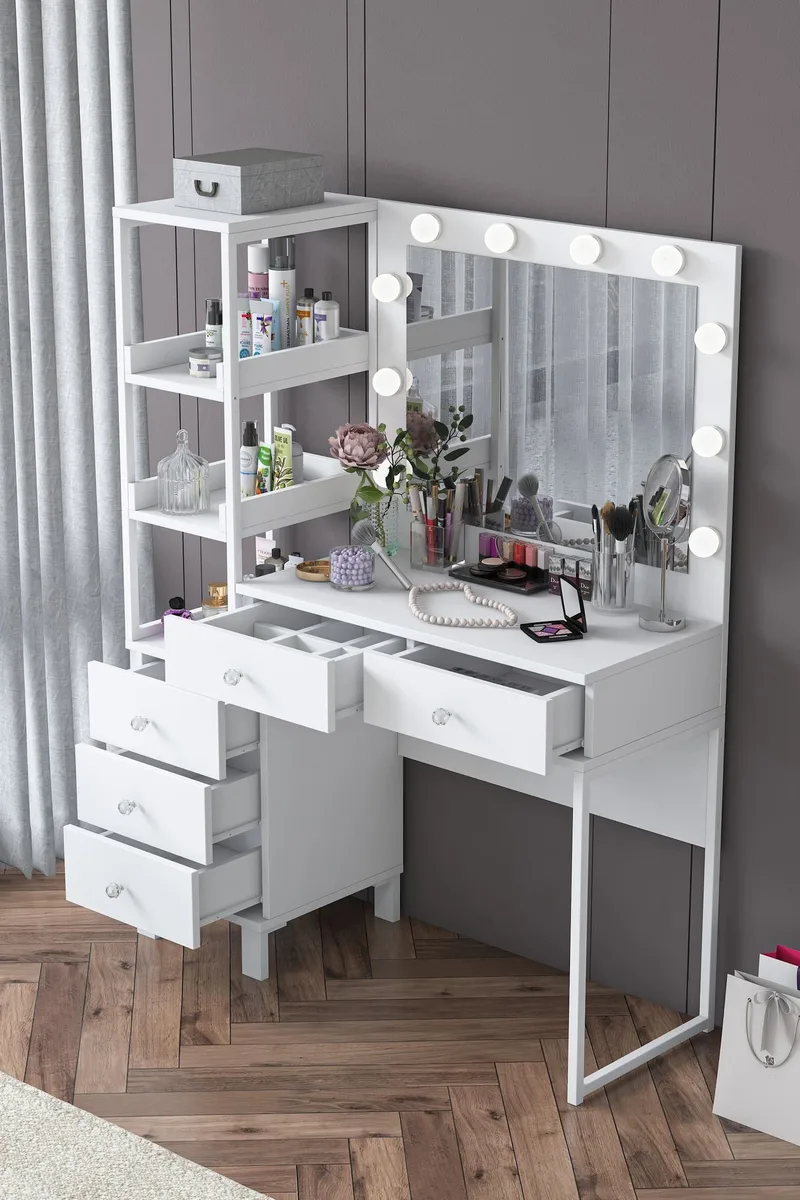 Make-up-bord Wallxpert Juna BJ128 (110 x 141,8 x 40 cm) Hvid - Hvid - Møbler - Borde - Sminkebord & konsolbord