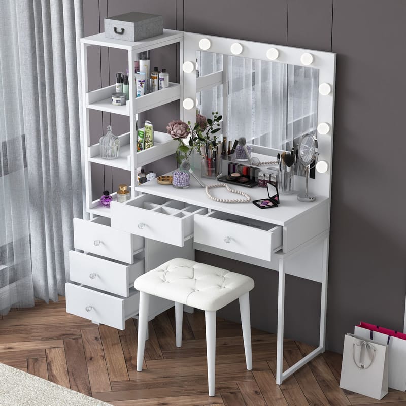 Make-up-bord Wallxpert Kira Hylde BJ155 (120 x 79,8 x 44,5 cm) Hvid - Hvid - Møbler - Borde - Sminkebord & konsolbord