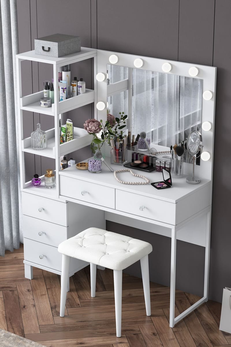Make-up-bord Wallxpert Kira Hylde BJ155 (120 x 79,8 x 44,5 cm) Hvid - Hvid - Møbler - Borde - Sminkebord & konsolbord