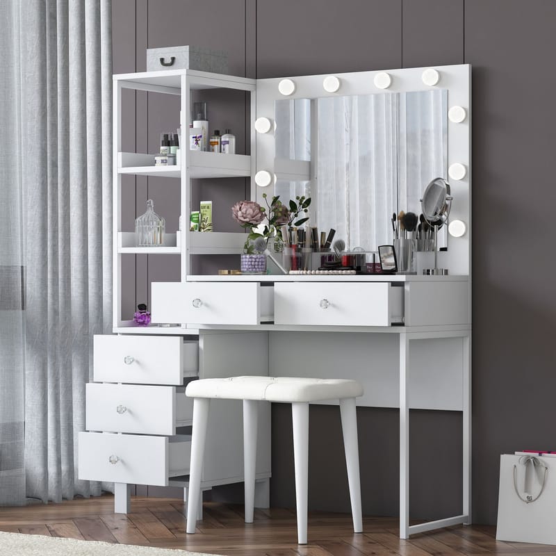 Make-up-bord Wallxpert Kira Hylde BJ155 (120 x 79,8 x 44,5 cm) Hvid - Hvid - Møbler - Borde - Sminkebord & konsolbord