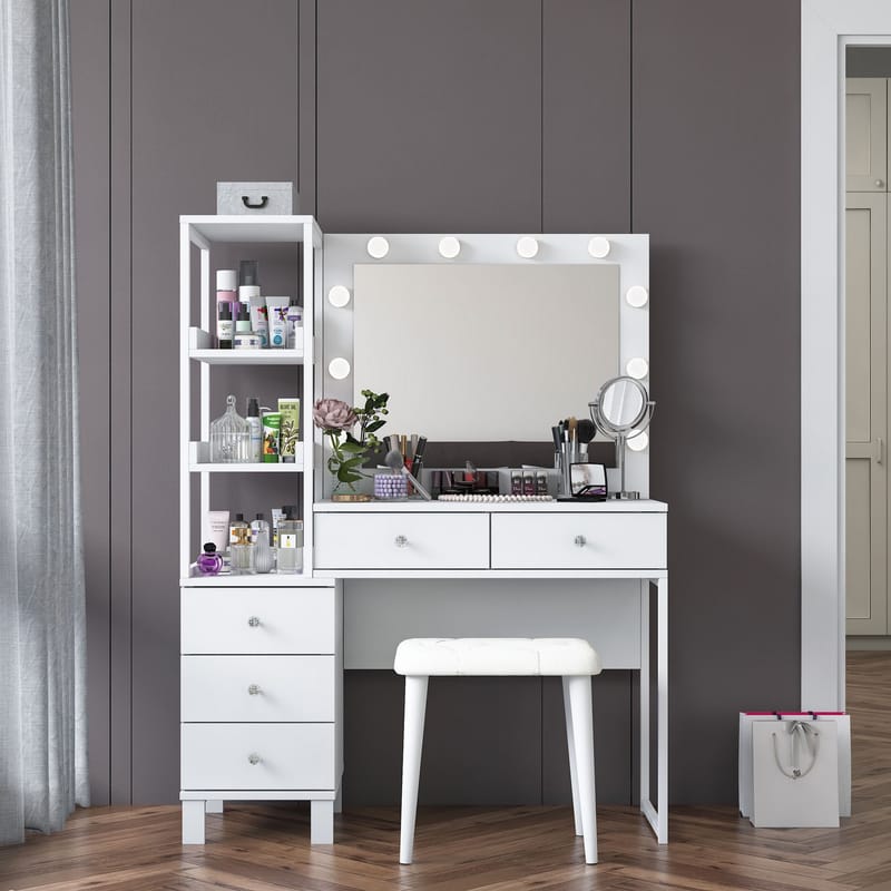 Make-up-bord Wallxpert Kira Hylde BJ155 (120 x 79,8 x 44,5 cm) Hvid - Hvid - Møbler - Borde - Sminkebord & konsolbord
