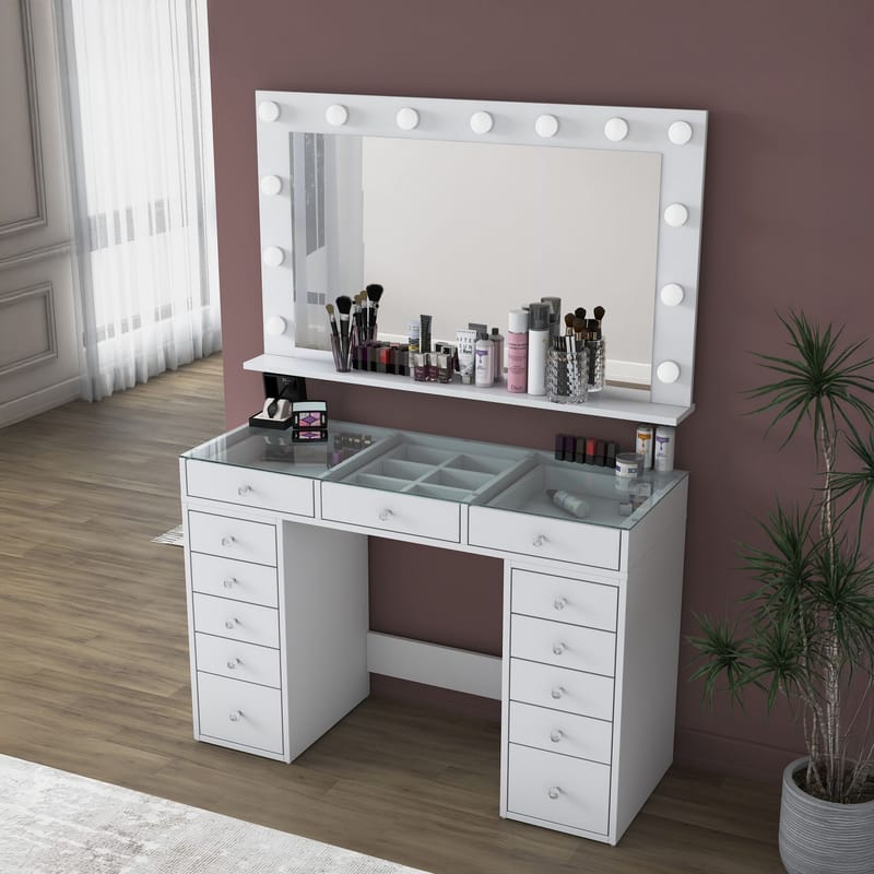 Make-up-bord Wallxpert Kira hylde BJ195 (120 x 79,8 x 44,5 cm) hvid - Hvid - Møbler - Borde - Sminkebord & konsolbord