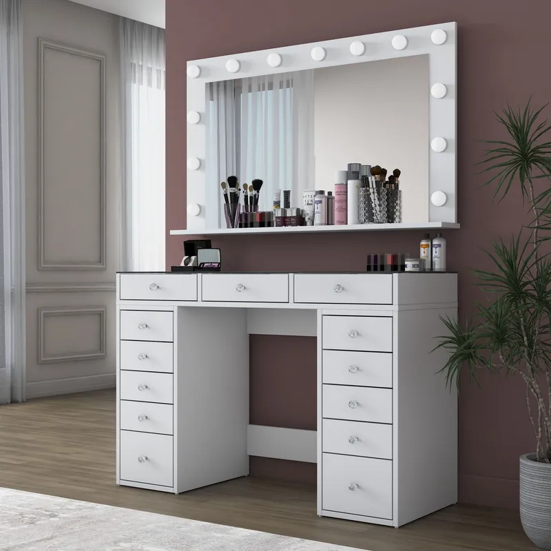 Make-up-bord Wallxpert Kira hylde BJ195 (120 x 79,8 x 44,5 cm) hvid - Hvid - Møbler - Borde - Sminkebord & konsolbord