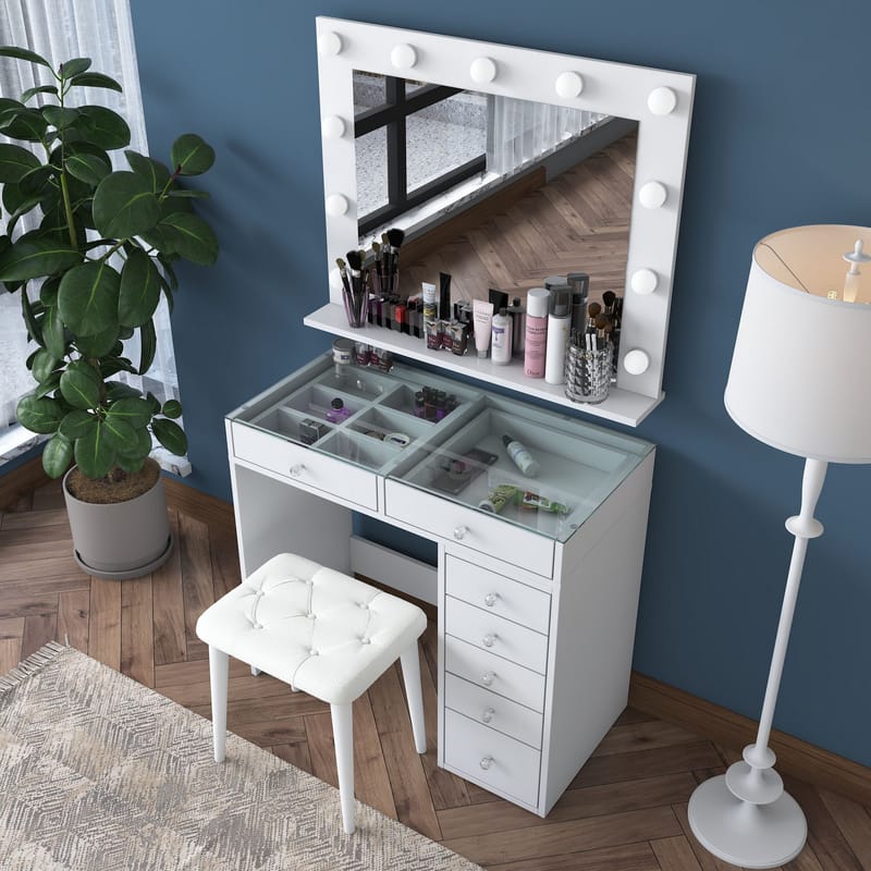 Make-up-bord Wallxpert Lora Hylde (90 x 79,8 x 44,5 cm) Hvid - Hvid - Møbler - Borde - Sminkebord & konsolbord