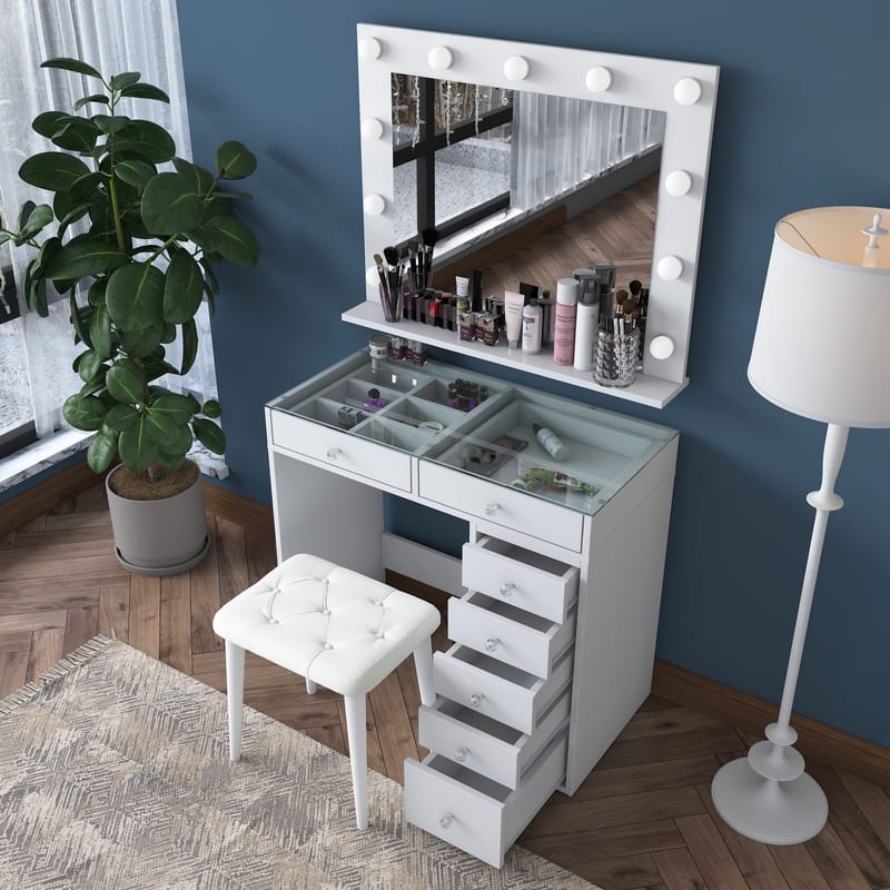 Make-up-bord Wallxpert Lora Hylde (90 x 79,8 x 44,5 cm) Hvid - Hvid - Møbler - Borde - Sminkebord & konsolbord