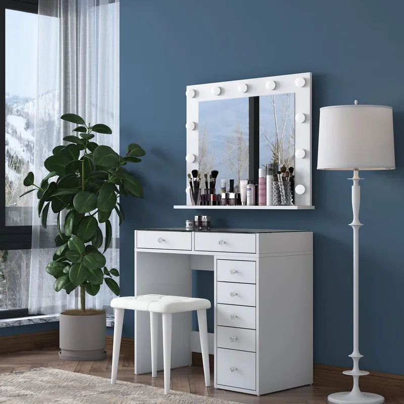 Make-up-bord Wallxpert Lora Hylde (90 x 79,8 x 44,5 cm) Hvid - Hvid - Møbler - Borde - Sminkebord & konsolbord