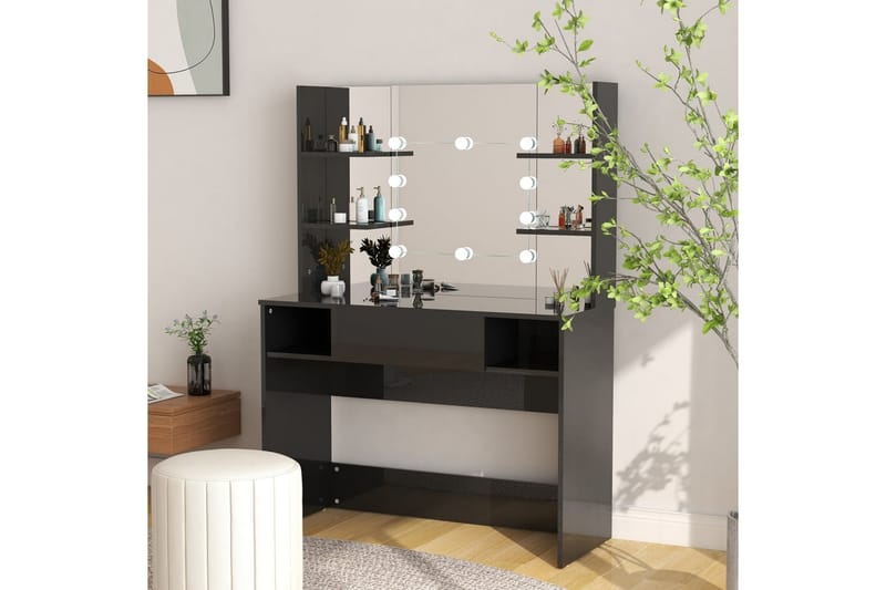 makeupbord med LED-lys 100x40x135 cm MDF skinnende sort - Sort - Møbler - Borde - Sminkebord & konsolbord