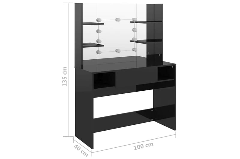 makeupbord med LED-lys 100x40x135 cm MDF skinnende sort - Sort - Sminkebord & konsolbord