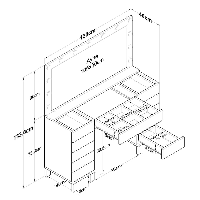 Makeupbord Wallxpert Nyra (120 x 73,6 x 40 cm) Hvid - Hvid - Møbler - Borde - Sminkebord & konsolbord