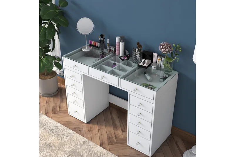 Ramender Makeupbord med Opbevaring Bordplade i Glas 120 cm, Glas