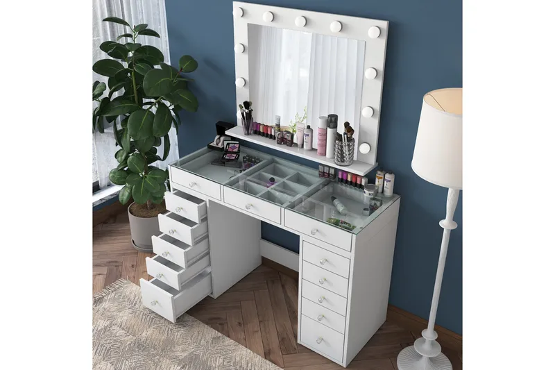 Ramender Stort Sminkebord med spejl og lys med opbevaring, Glas