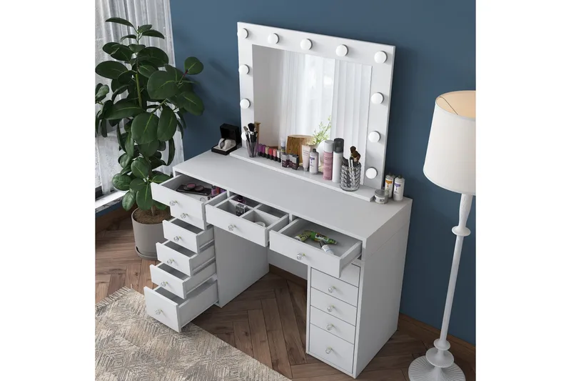 Ramender Stort Sminkebord med spejl og lys med opbevaring - Hvid - Møbler - Borde - Sminkebord & konsolbord - Makeup bord med spejl