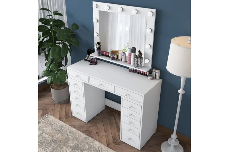 Ramender Stort Sminkebord med spejl og lys med opbevaring - Hvid - Møbler - Borde - Sminkebord & konsolbord - Makeup bord med spejl