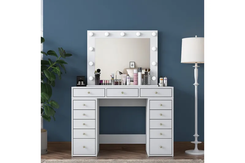 Ramender Stort Sminkebord med spejl og lys med opbevaring - Hvid - Møbler - Borde - Sminkebord & konsolbord - Makeup bord med spejl