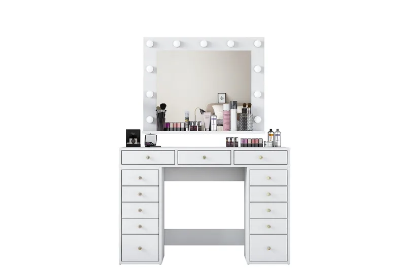 Ramender Stort Sminkebord med spejl og lys med opbevaring - Hvid - Møbler - Borde - Sminkebord & konsolbord - Makeup bord med spejl