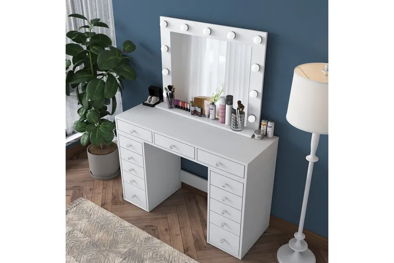 Ramender Stort Sminkebord med spejl og lys med opbevaring - Hvid - Møbler - Borde - Sminkebord & konsolbord - Makeup bord med spejl