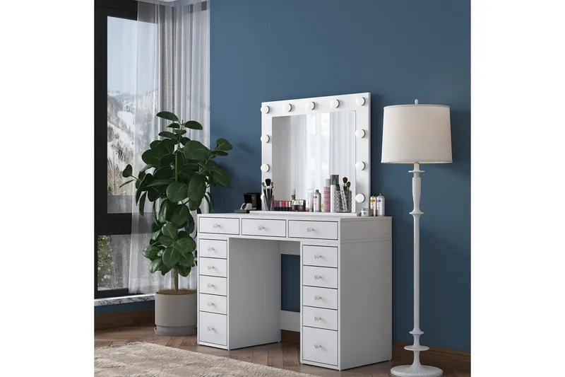 Ramender Stort Sminkebord med spejl og lys med opbevaring - Hvid - Møbler - Borde - Sminkebord & konsolbord - Makeup bord med spejl