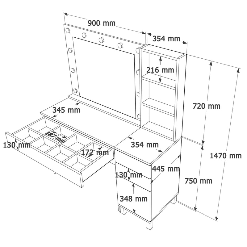 Sminkebord Hanah Home Monroe (125,4 x 147 x 44,5 cm) Hvid - Hvid - Møbler - Borde - Sminkebord & konsolbord