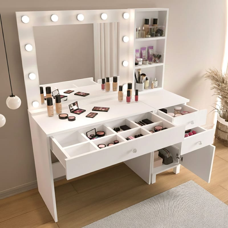 Sminkebord Hanah Home Monroe (125,4 x 147 x 44,5 cm) Hvid - Hvid - Møbler - Borde - Sminkebord & konsolbord