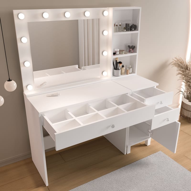 Sminkebord Hanah Home Monroe (125,4 x 147 x 44,5 cm) Hvid - Hvid - Møbler - Borde - Sminkebord & konsolbord