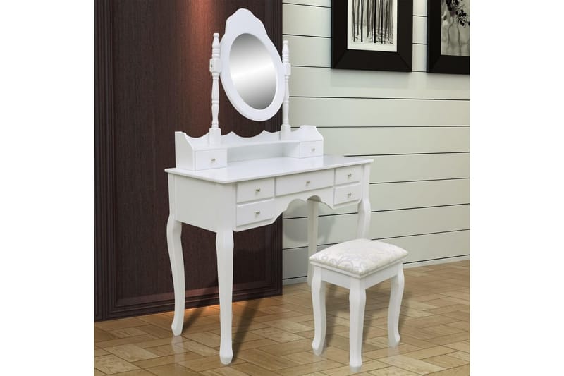 Sminkebord Med Spejl Og Taburet 7 Skuffer Hvid - Hvid - Sminkebord & konsolbord - Makeup bord med spejl