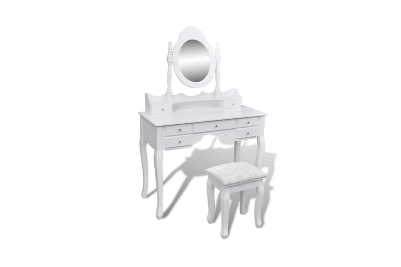 Sminkebord Med Spejl Og Taburet 7 Skuffer Hvid - Hvid - Makeup bord med spejl - Sminkebord & konsolbord