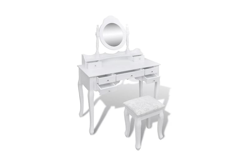 Sminkebord Med Spejl Og Taburet 7 Skuffer Hvid - Hvid - Makeup bord med spejl - Sminkebord & konsolbord