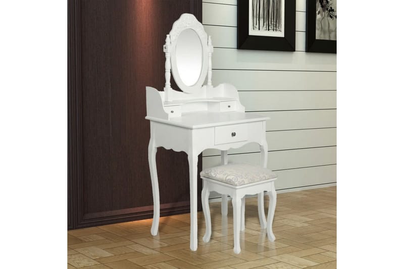 Sminkebord Med Spejl Og Taburet Hvid - Hvid - Sminkebord & konsolbord - Makeup bord med spejl