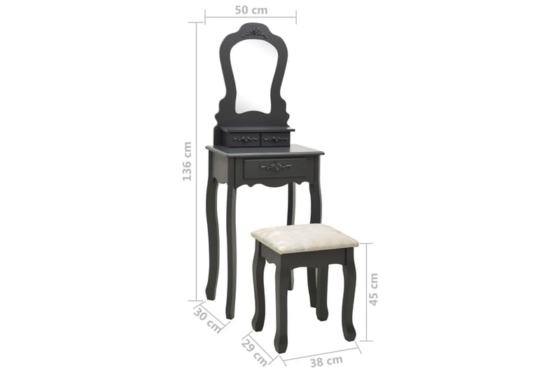 Sminkebordssæt Med Taburet 50x59x136 cm Kejsertræ Grå - Møbler - Borde - Sminkebord & konsolbord
