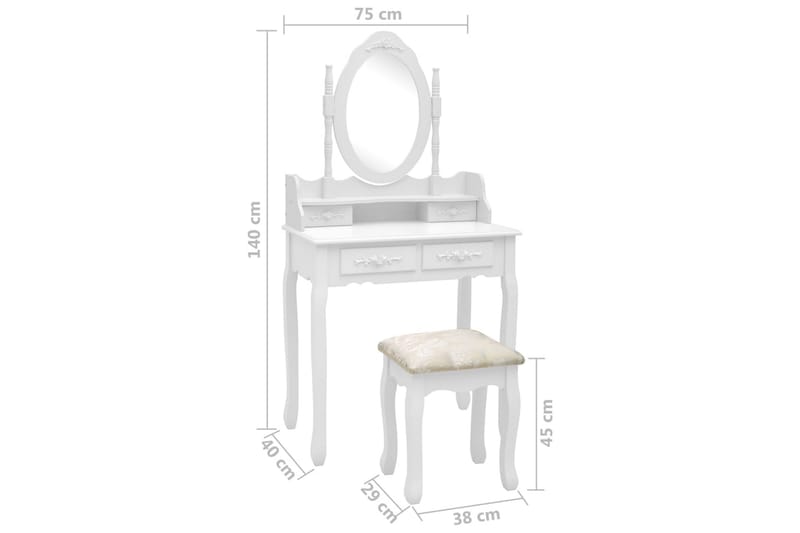 Sminkebordssæt Med Taburet 75x69x140 cm Kejsertræ Hvid - Møbler - Borde - Sminkebord & konsolbord