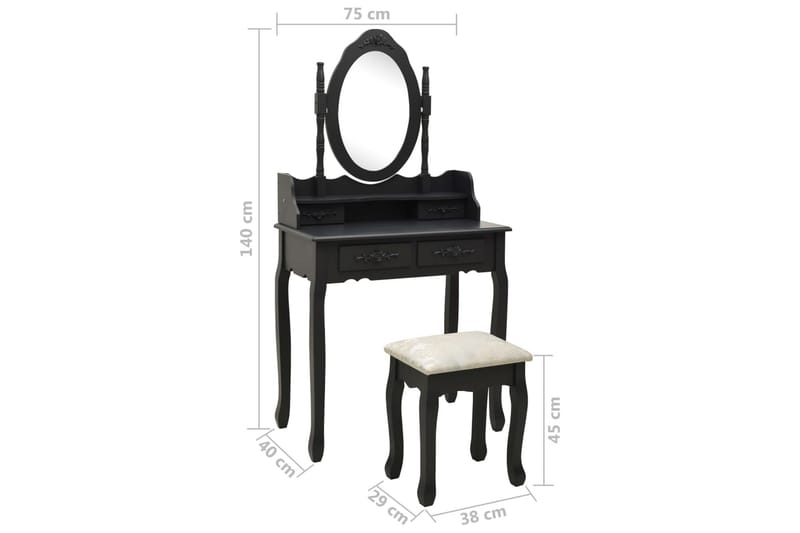 Sminkebordssæt Med Taburet 75x69x140 cm Kejsertræ Sort - Møbler - Borde - Sminkebord & konsolbord