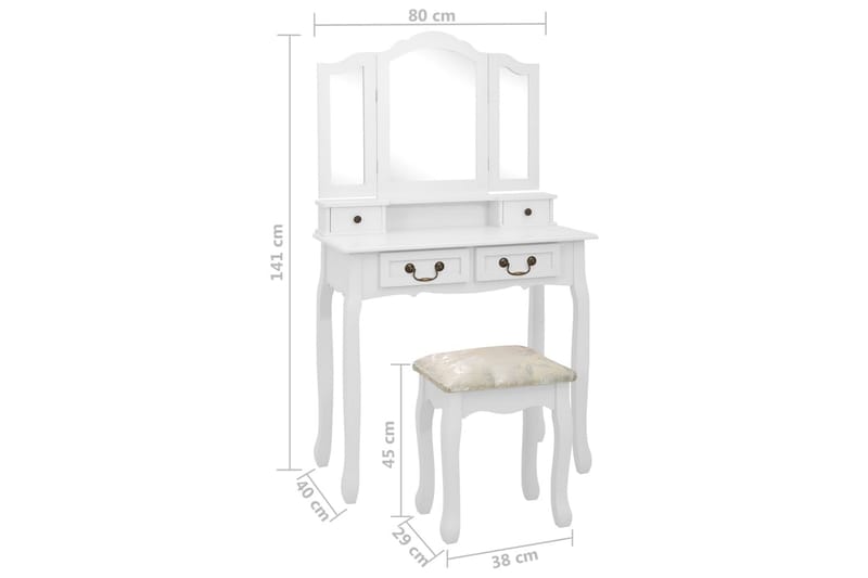 Sminkebordssæt Med Taburet 80x69x141 cm Kejsertræ Hvid - Møbler - Borde - Sminkebord & konsolbord