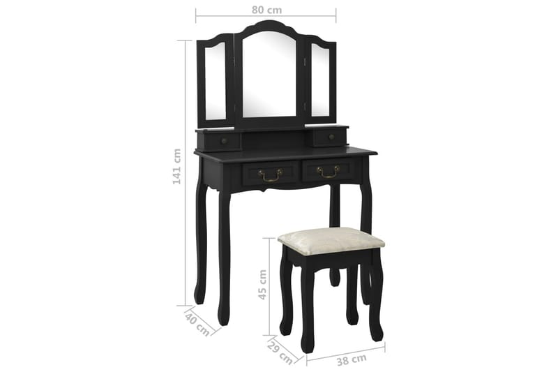 Sminkebordssæt Med Taburet 80x69x141 cm Kejsertræ Sort - Møbler - Borde - Sminkebord & konsolbord