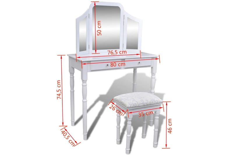 Toiletbord Med 3-I-1 Spejl Og Taburet 2 Skuffer Hvid - Hvid - Sminkebord & konsolbord - Makeup bord med spejl