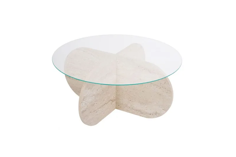 Sofabord Aeris 75 cm med Glasplade, Travertin / Transparent