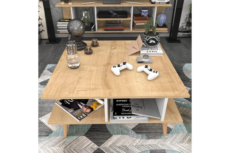 Andifli 89 cm Kvadratisk Sofabord med Hylder i Eg - Beige - Møbler - Borde - Sofabord