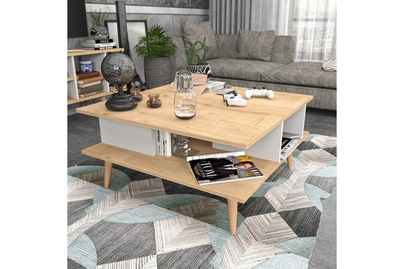 Andifli 89 cm Kvadratisk Sofabord med Hylder i Eg - Beige - Møbler - Borde - Sofabord