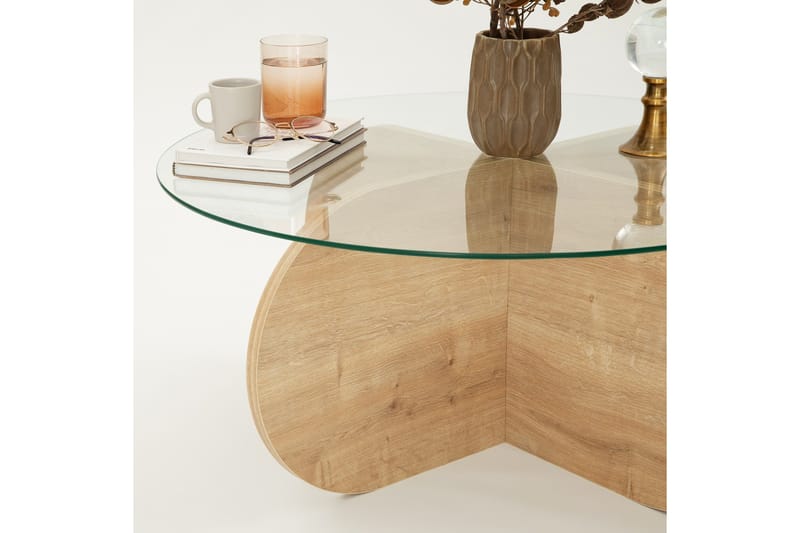 Bengul 75 cm Rundt Sofabord i Glas med Understel i Træ - Klar - Møbler - Borde - Sofabord