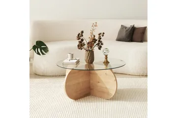 Bengul 75 cm Rundt Sofabord i Glas med Understel i Træ - Klar - Møbler - Borde - Sofabord