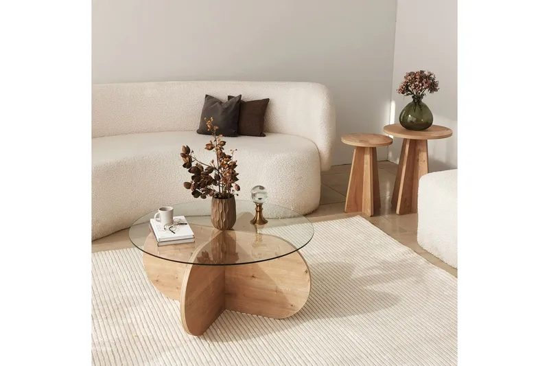 Bengul 75 cm Rundt Sofabord i Glas med Understel i Træ - Klar - Møbler - Borde - Sofabord