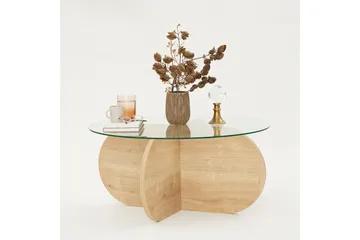 Bengul 75 cm Rundt Sofabord i Glas med Understel i Træ - Klar - Møbler - Borde - Sofabord