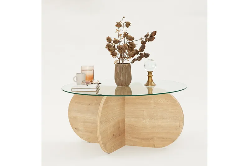Bengul 75 cm Rundt Sofabord i Glas med Understel i Træ - Klar - Møbler - Borde - Sofabord
