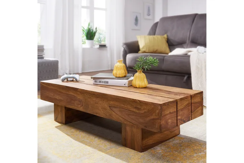 Brano 120 cm Rektangulært Sofabord i Massivt Træ med Massivt Bjælkedesign - Brun - Møbler - Borde - Sofabord