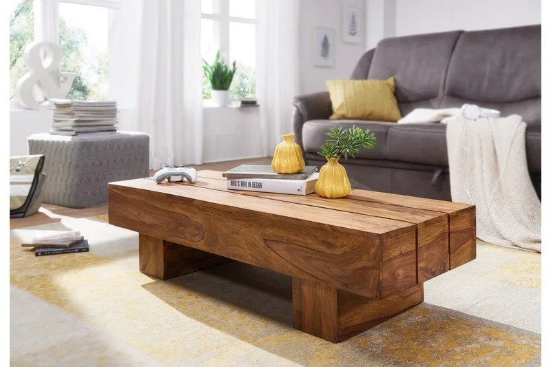 Brano 120 cm Rektangulært Sofabord i Massivt Træ med Massivt Bjælkedesign - Brun - Møbler - Borde - Sofabord