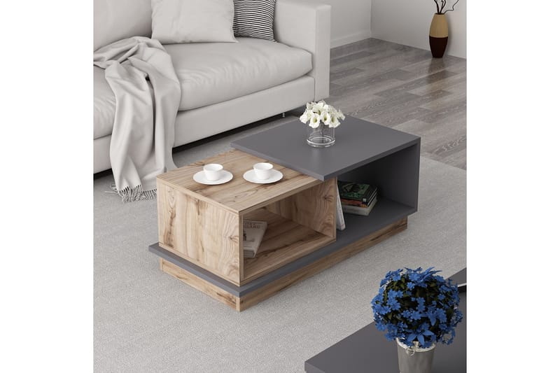 Broceni Sofabord 90 cm med Opbevaringshylder - Antracit/Natur - Sofabord