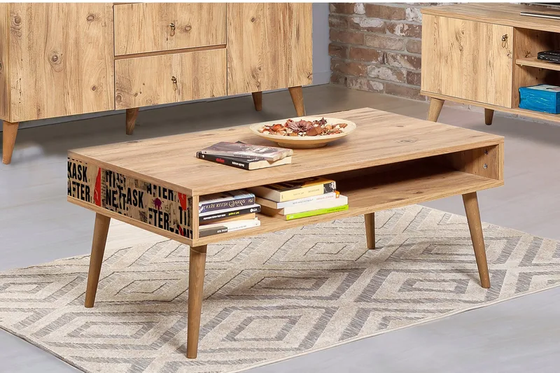 Brokind Sofabord 110 cm med Opbevaringshylde Tekst - Natur - Møbler - Borde - Sofabord